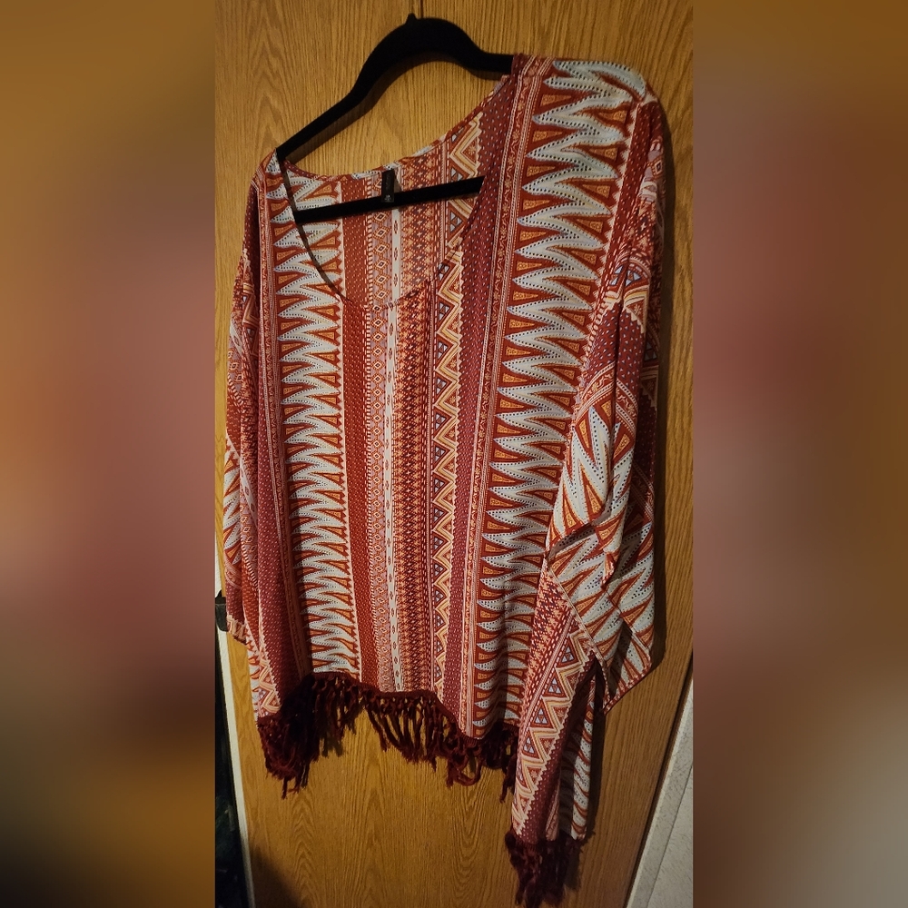 Massini Red and Brown Geometric Fringe Blouse